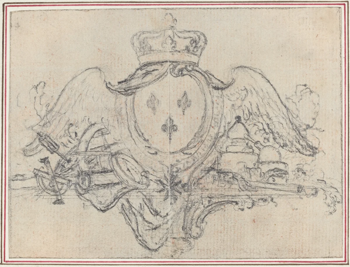 Arms of the King of France with Wings and Scientific Instruments by Hubert François Gravelot, drawing, 1699-1773