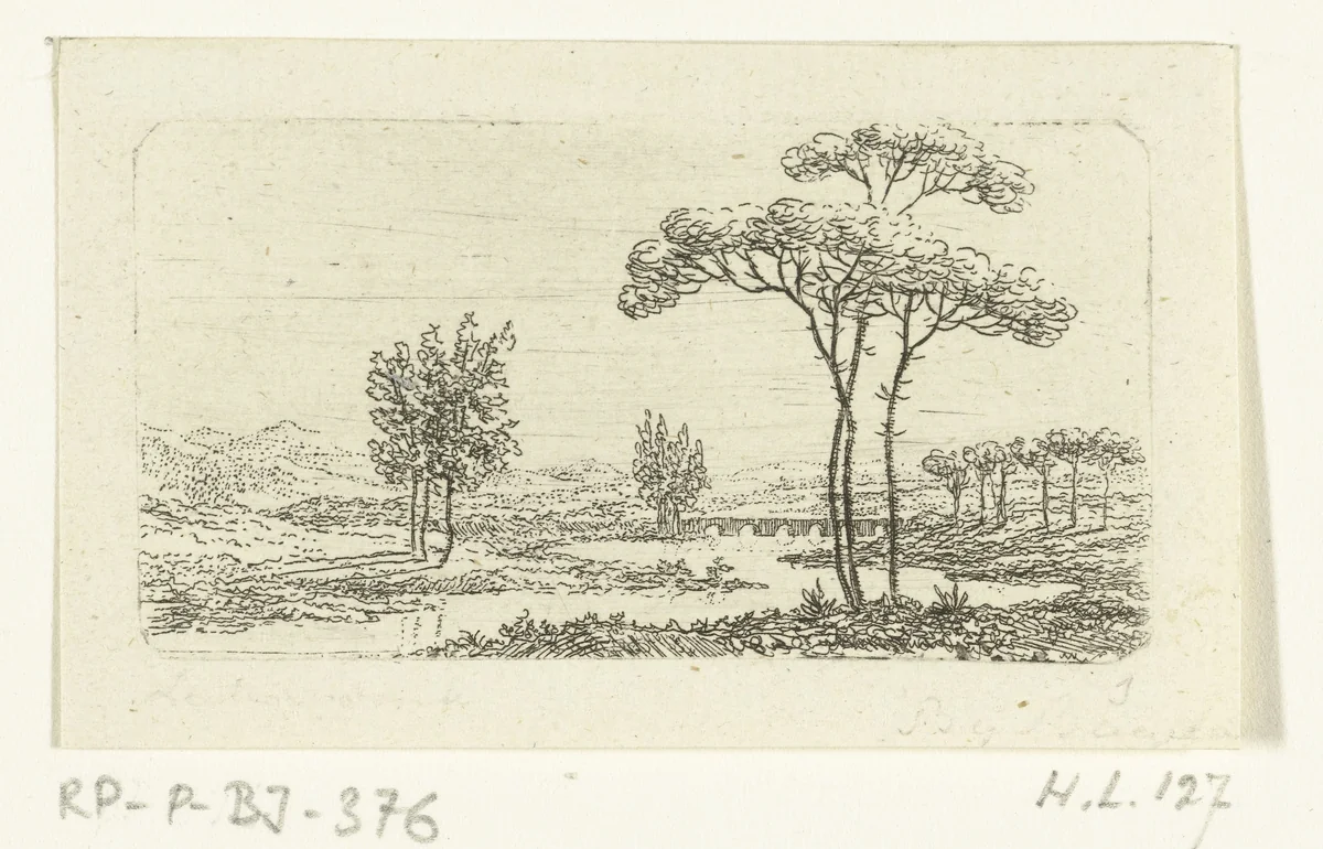 Rivierlandschap met stenen brug by Ernst Willem Jan Bagelaar, print, 1798-1837