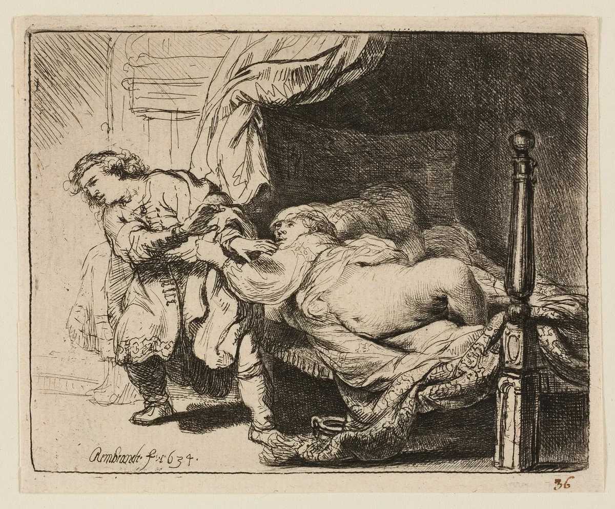 Joseph and Potiphar's Wife by Rembrandt van Rijn, print, 1634