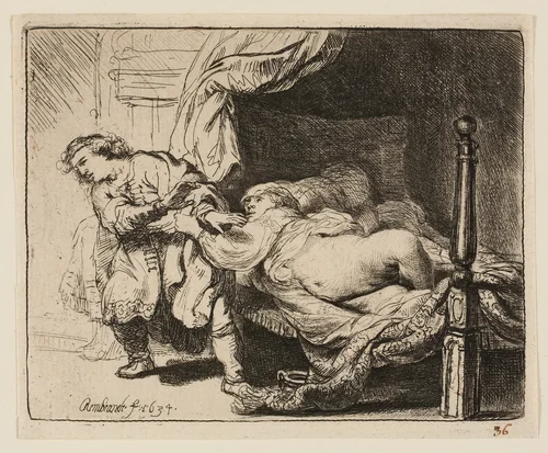 Joseph and Potiphar's Wife by Rembrandt van Rijn, print, 1634