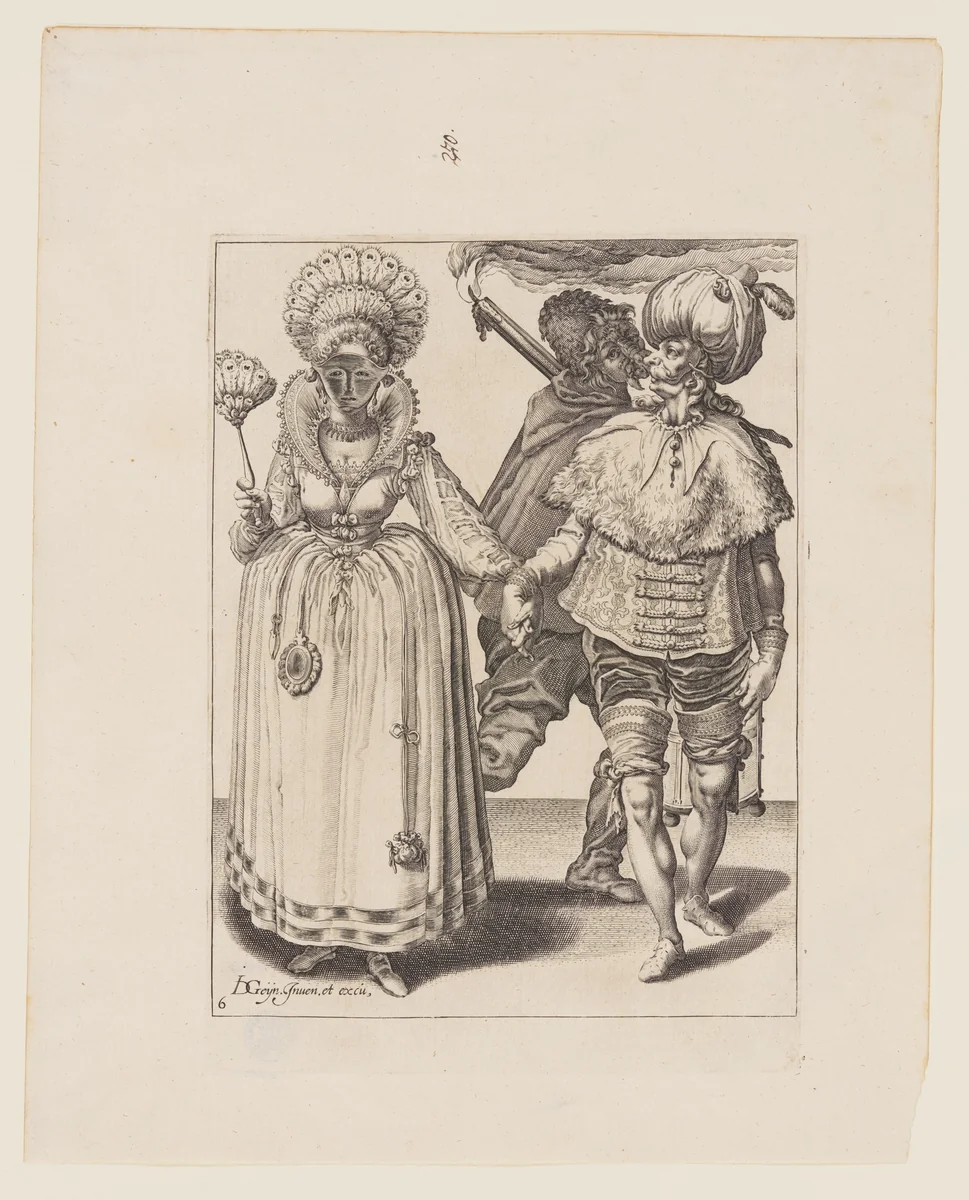 Man with a Turban Leading a Woman who is Wearing Peacock Feathers, behind them a Torchbearer, from The Masquerades by Jacques de Gheyn II, print, 1595-1596