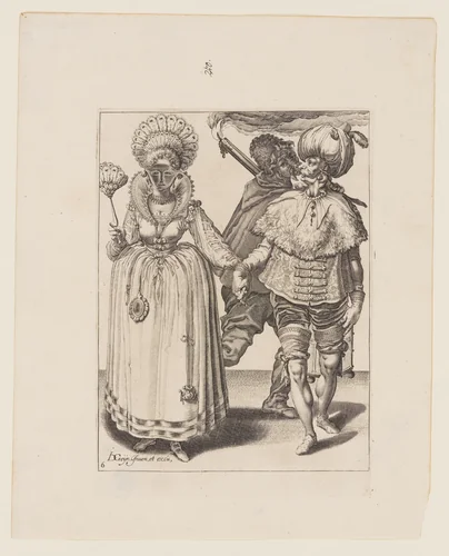 Man with a Turban Leading a Woman who is Wearing Peacock Feathers, behind them a Torchbearer, from The Masquerades by Jacques de Gheyn II, print, 1595-1596