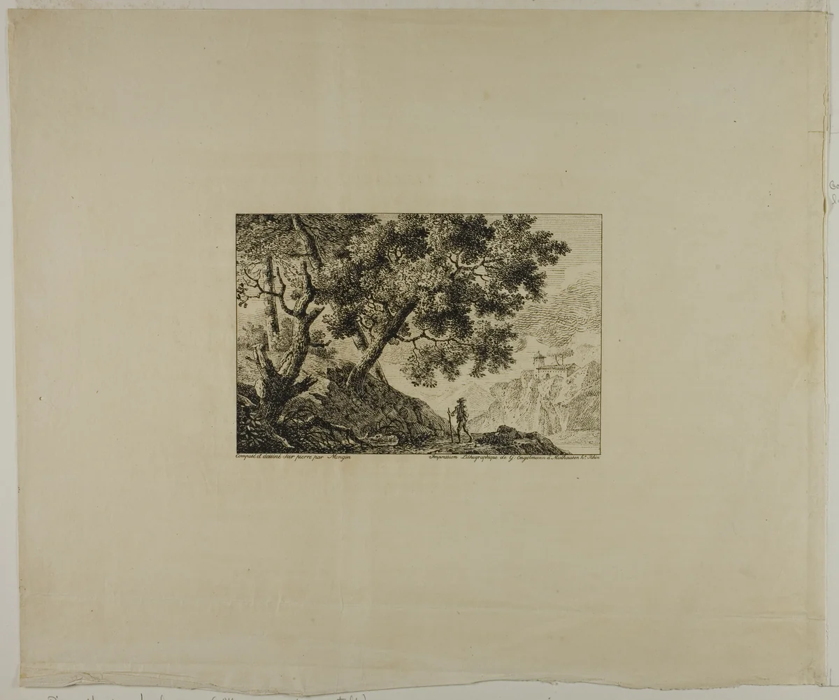 Landscape with Man Carrying Staff by Pierre Antoine Mongin, print, 1800-1827