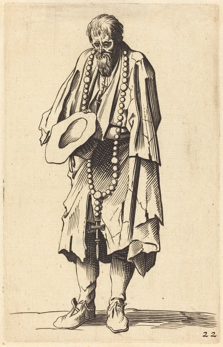 Beggar with Rosary by Jacques Callot, print, 1622-1699