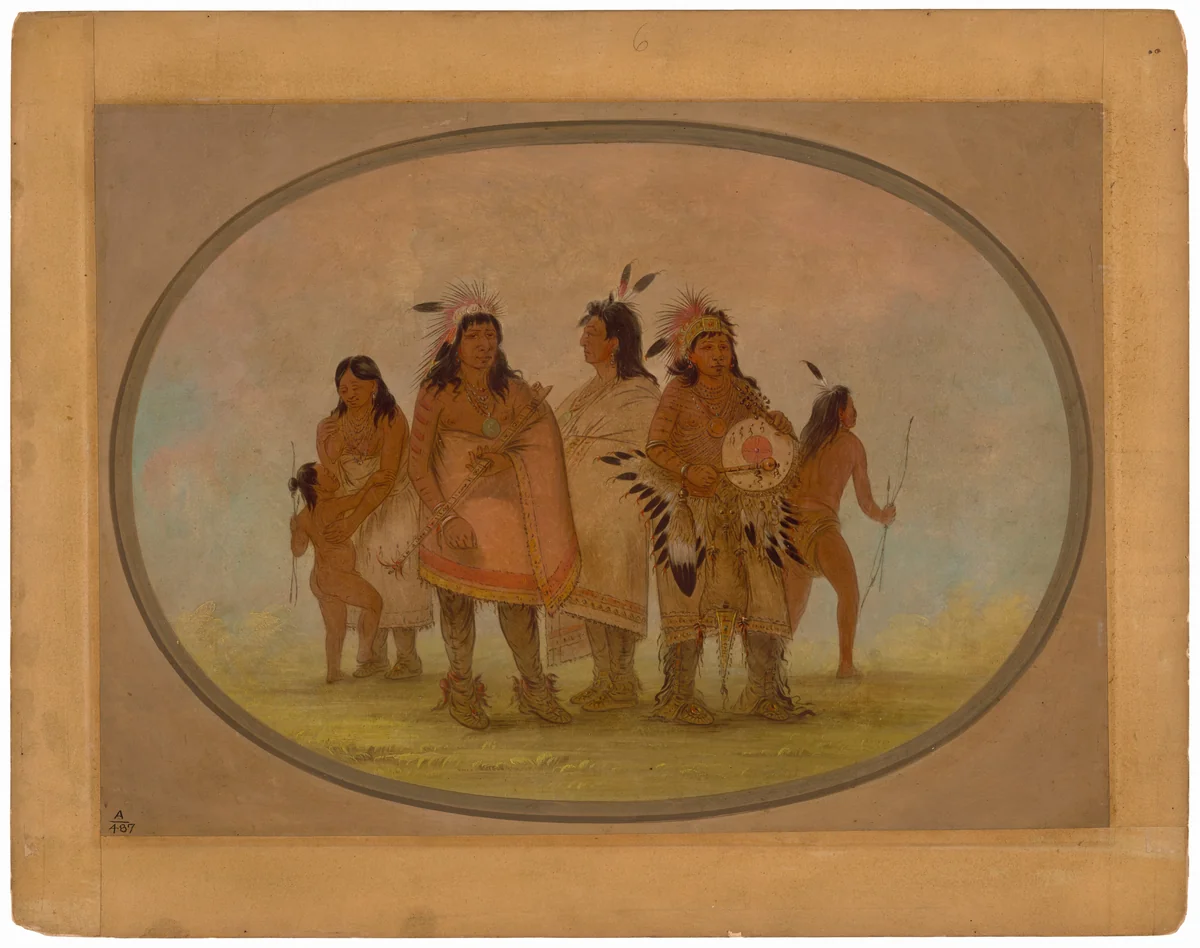 Two Sioux Chiefs, a Medicine Man, and a Woman with a Child by George Catlin, painting, 1861-1869