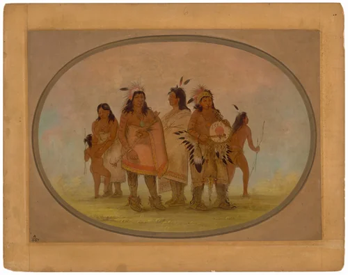 Two Sioux Chiefs, a Medicine Man, and a Woman with a Child by George Catlin, painting, 1861-1869