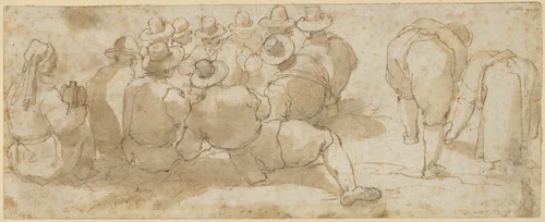 Group of Laborers in a Field (recto); Angel Appearing to a Kneeling Saint (verso) by Giovanni Battista Maganza, drawing, 1530-1586