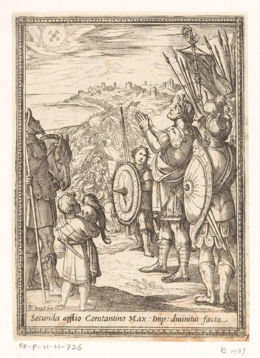 Tweede verschijning van het kruis aan Constantijn by Unknown, print, 1565-1630