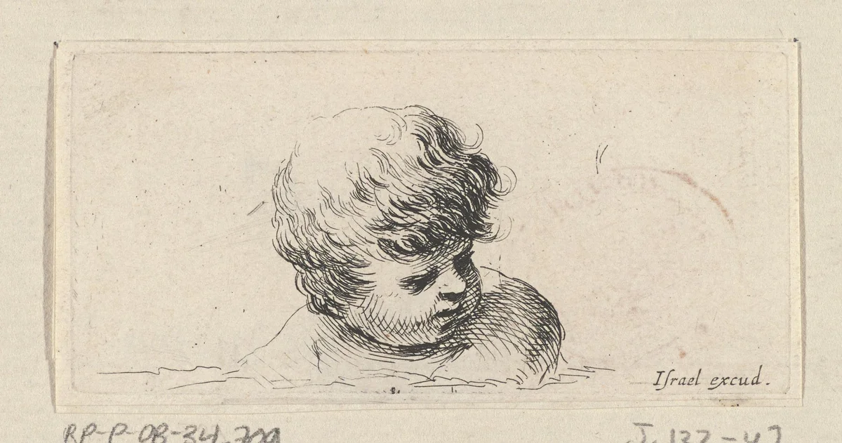 Hoofd van een kind, naar rechtsonder kijkend by Stefano della Bella, print, 1620-1664
