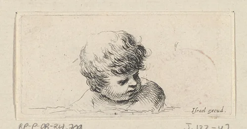Hoofd van een kind, naar rechtsonder kijkend by Stefano della Bella, print, 1620-1664