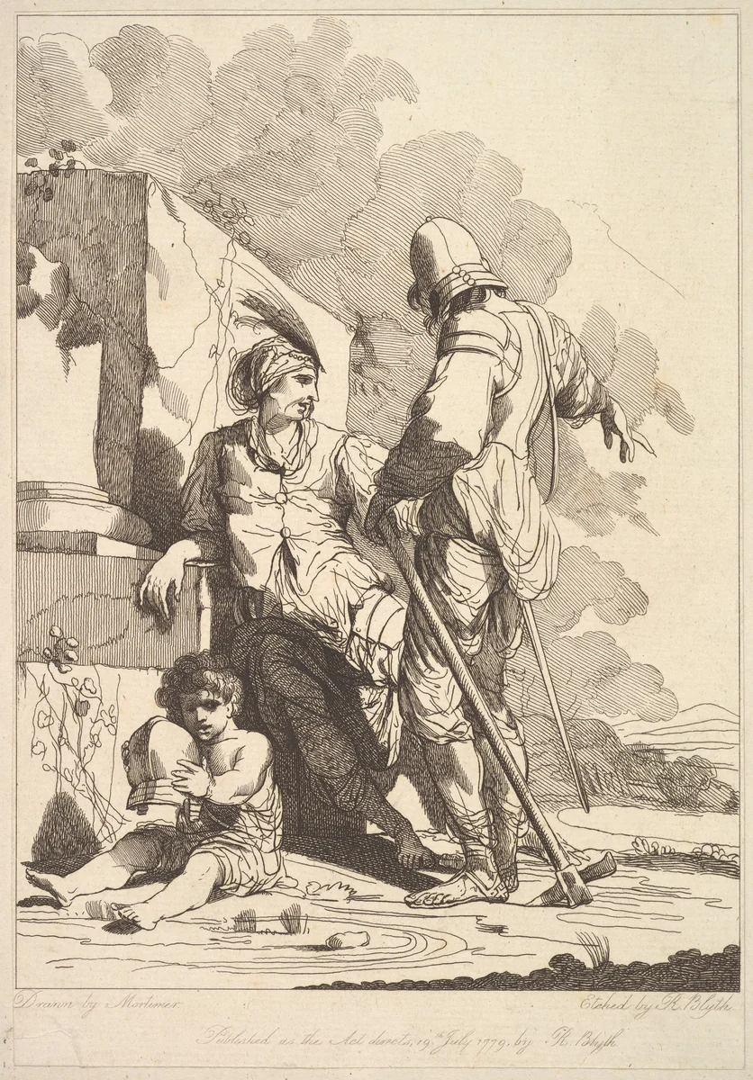 Two Soldiers and Child Holding a Helmet by Robert Blyth, print, 1779