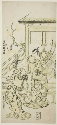 The Actors Otani Oniji I as Soga no Goro and Sanogawa Ichimatsu I as the sister of Yoshinaka in the play "Fuji no Yuki Mitsugi Soga," performed at the Nakamura Theater in the first month, 1746 by Torii Kiyonobu II, print, 1746