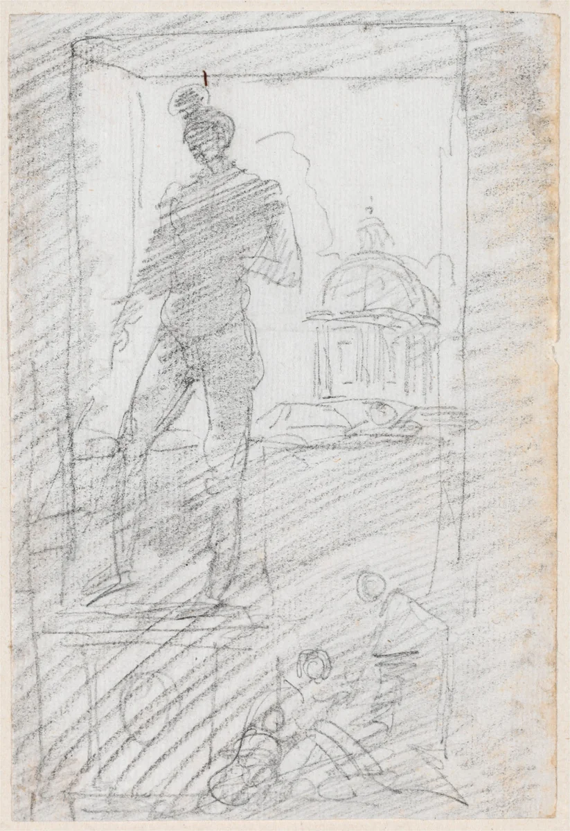 Statue of a Nude before a Window View by Hubert Robert, drawing, 1754-1765