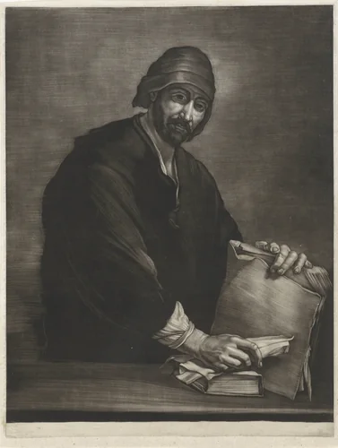 Filosoof met boek en schriftrol by Bernard Vaillant, print, 1672