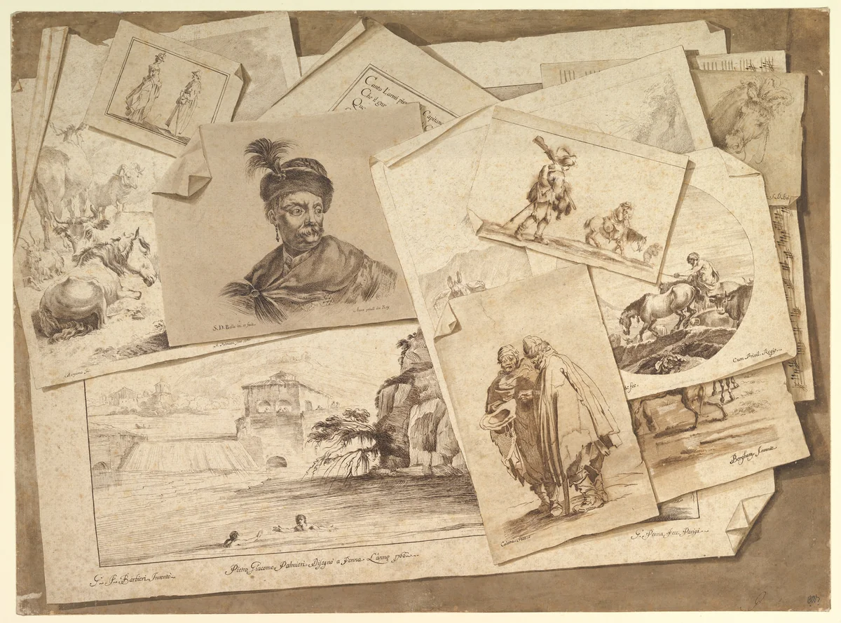 Trompe-l'Oeil Exercise: Prints on a Table Top by Pietro Jacopo Palmieri, drawing, 1766