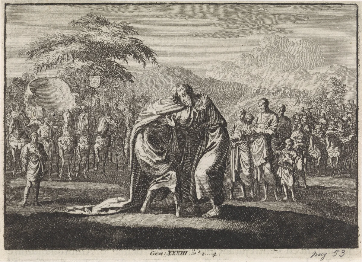 Verzoening van Jakob en Esau by Jan Luyken, print, 1703-1762