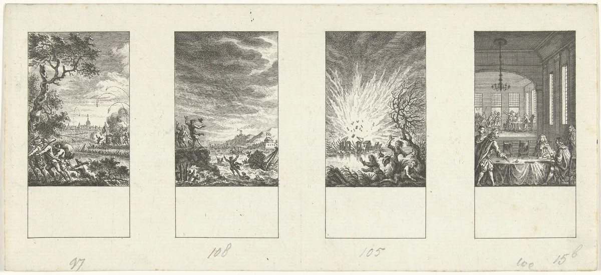 Vier episodes uit de vaderlandse geschiedenis by Simon Fokke, print, 1722-1784