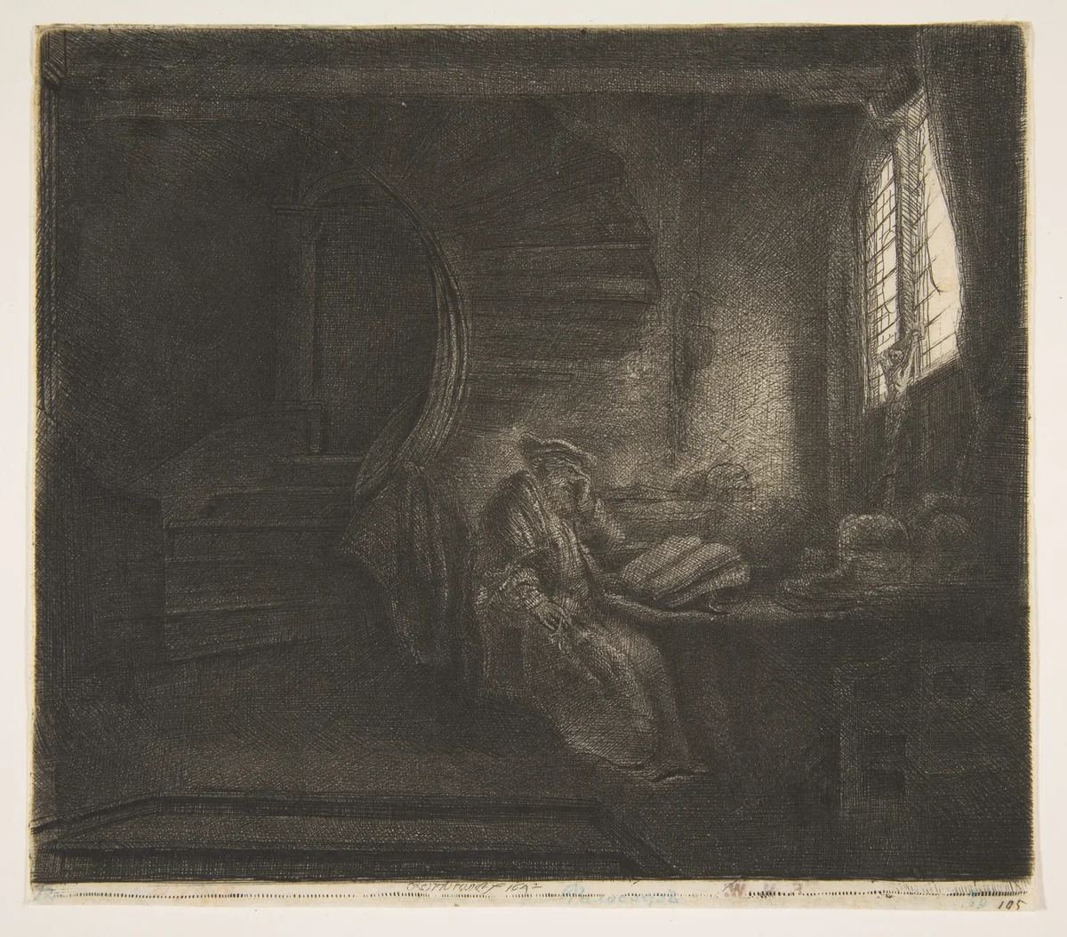 St. Jerome in a Dark Chamber by Rembrandt van Rijn, print, 1642