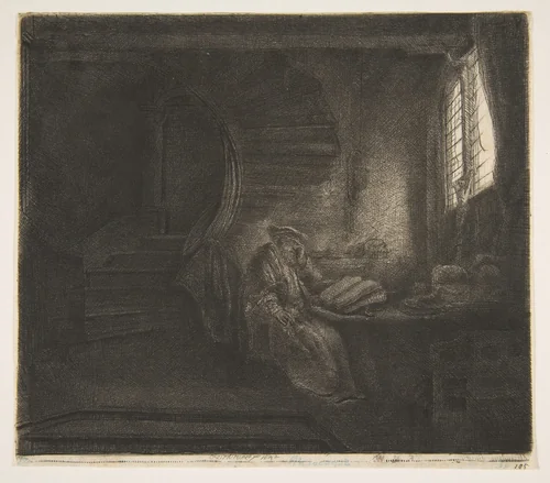 St. Jerome in a Dark Chamber by Rembrandt van Rijn, print, 1642