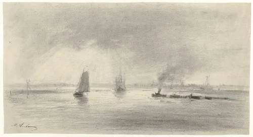 Riviergezicht met boten by Maxime François Antoine Lalanne, drawing, 1837-1886