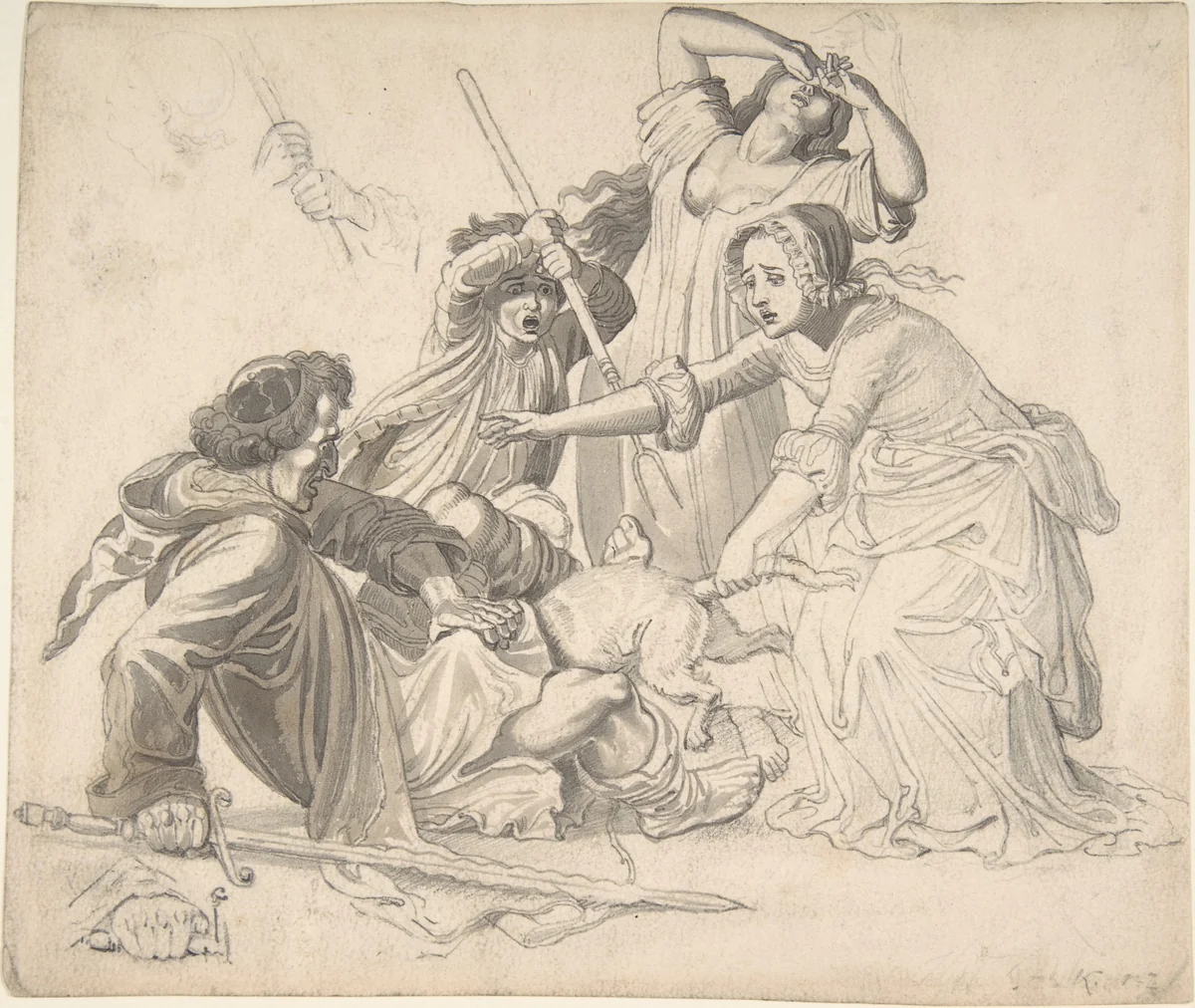 Illustration for Reinecke Fuchs: Tomcat Hinz being hit instead of Reinecke by Wilhelm von Kaulbach, drawing, 1805-1874