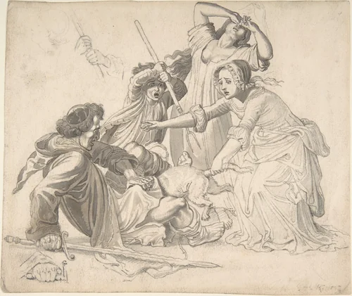 Illustration for Reinecke Fuchs: Tomcat Hinz being hit instead of Reinecke by Wilhelm von Kaulbach, drawing, 1805-1874