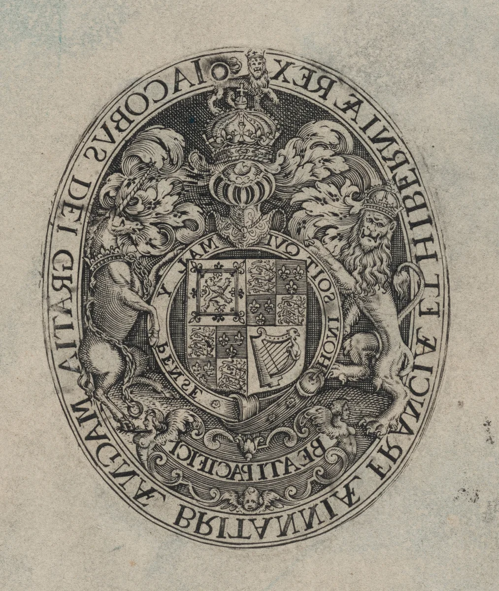 Shield of James I [bottom half] by Simon van de Passe, print, 1595-1647