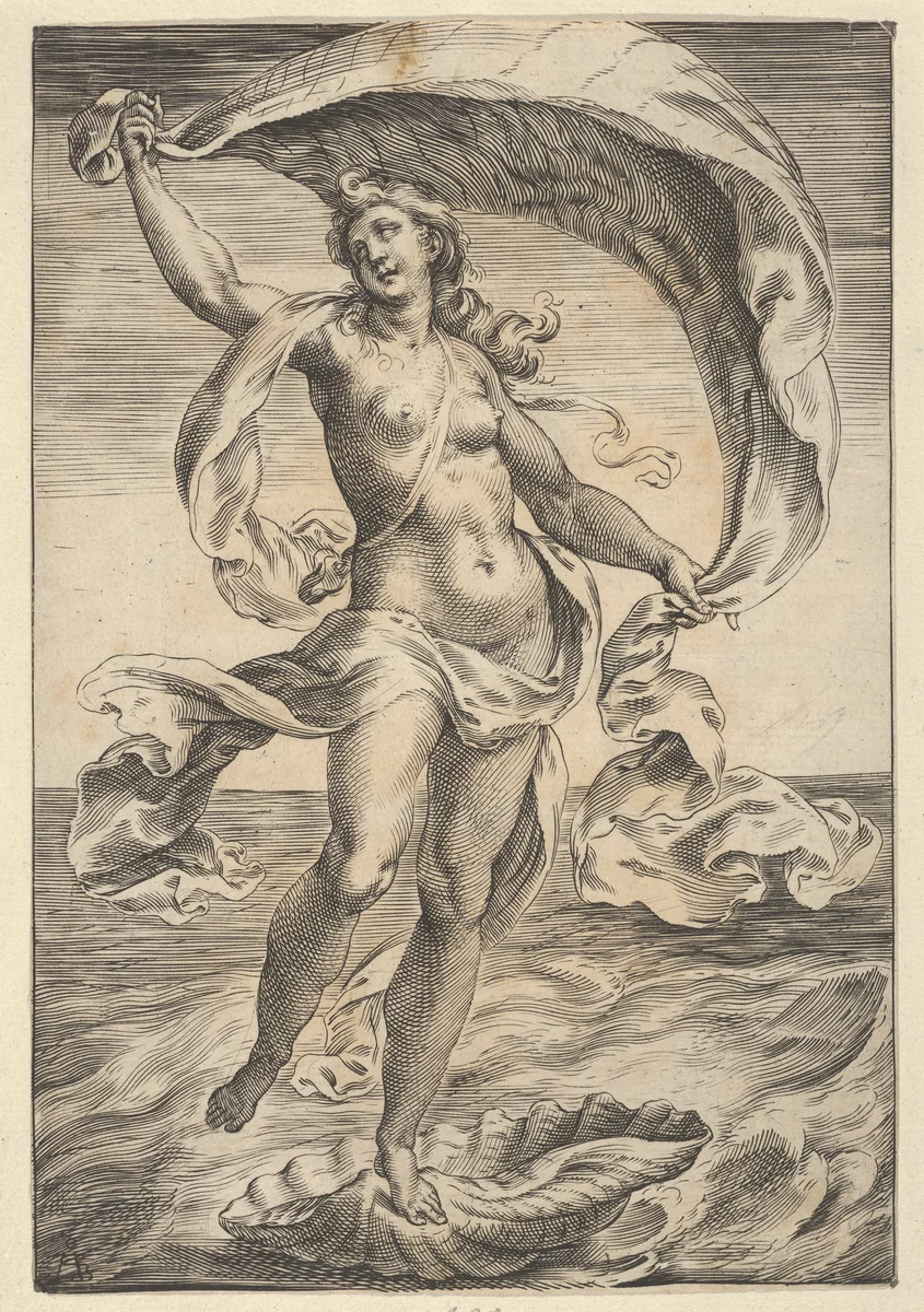 Venus on a half-shell, holding fabric over her head by Cherubino Alberti, print, 1600-1799