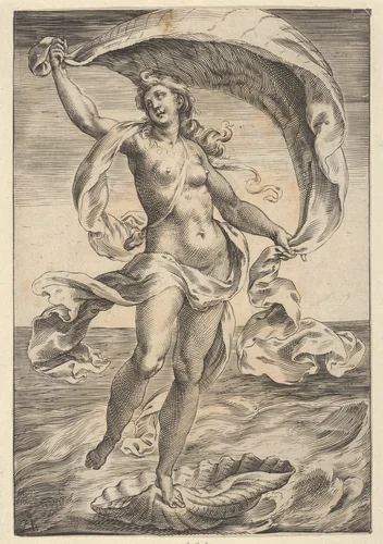 Venus on a half-shell, holding fabric over her head by Cherubino Alberti, print, 1600-1799