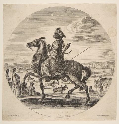 A Moorish horseman facing the left, standing and seated Turks in the middle ground, and other horsemen in the background, from 'Figures on Horseback' (Cavaliers nègres, polonais et hongrois) by Stefano della Bella, print, 1646-1656