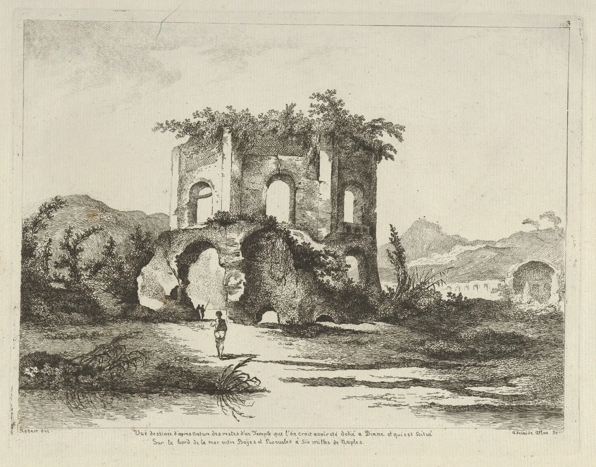 Vue d'un temple... dédié à Diane from Differentes vues dessiné d'après nature... dans les environs de Rome et de Naples by Adélaide Allou, print, 1700-1799