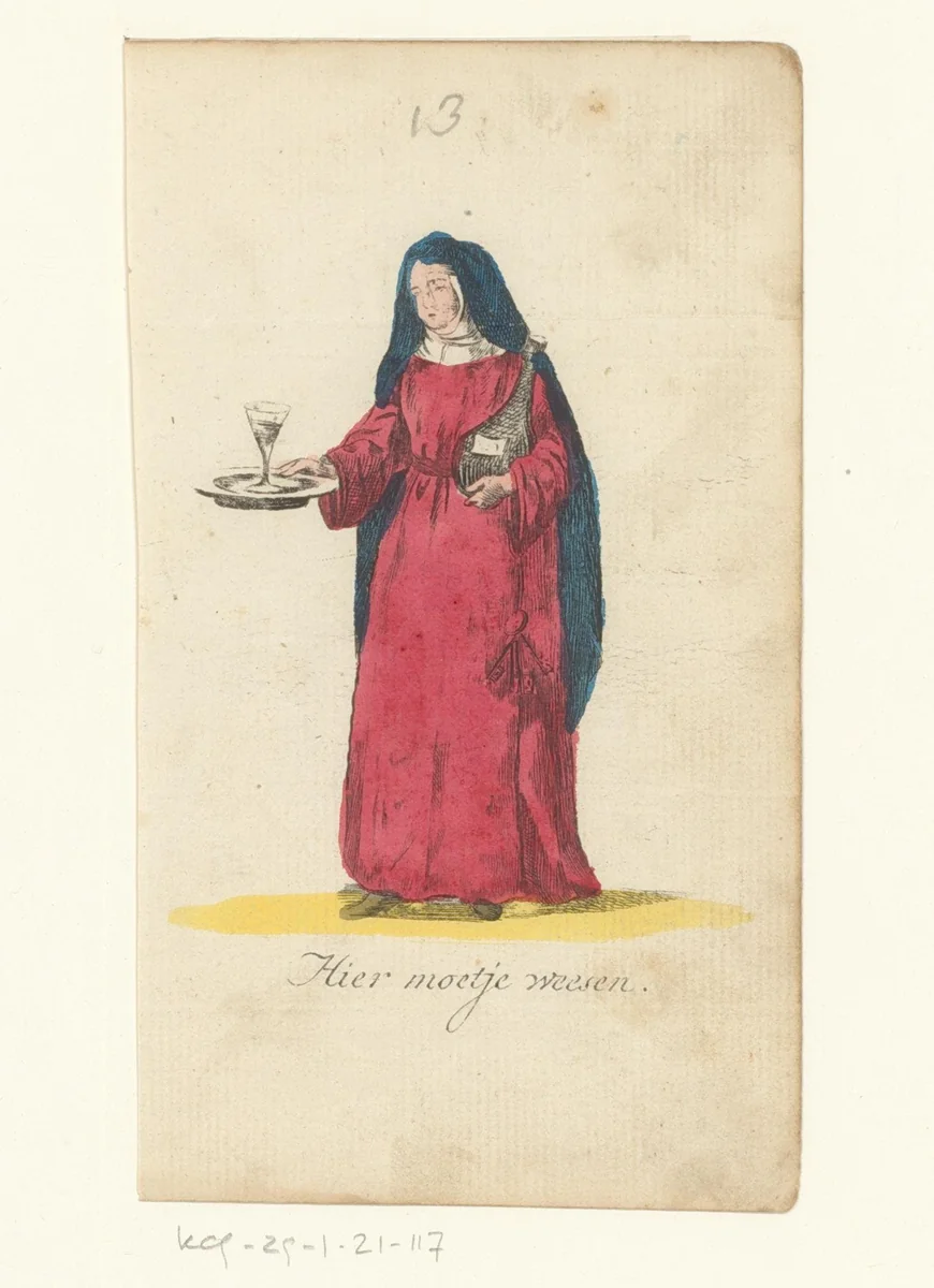 Vrouw met glas wijn op een dienblad en een fles onder haar arm by anonymous, print, 1821-1829