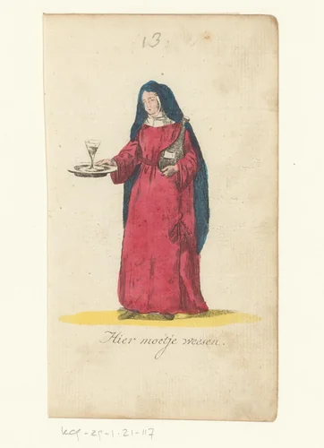 Vrouw met glas wijn op een dienblad en een fles onder haar arm by anonymous, print, 1821-1829