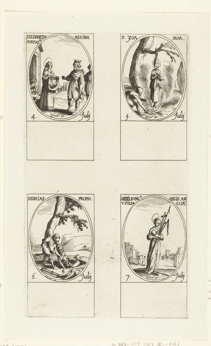 Heilige Elisabeth van Portugal, Heilige Zoë van Rome, Heilige Jesaja, Heilige Ethelburga van Faremoutiers (4-7 juli) by Jacques Callot, print, 1632-1636