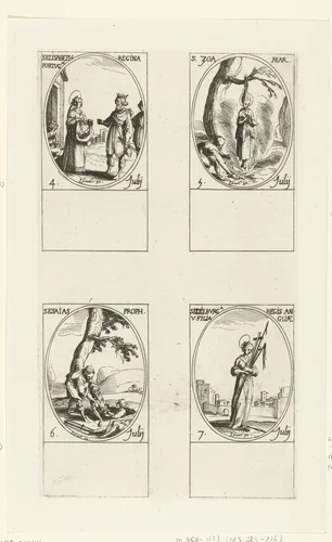 Heilige Elisabeth van Portugal, Heilige Zoë van Rome, Heilige Jesaja, Heilige Ethelburga van Faremoutiers (4-7 juli) by Jacques Callot, print, 1632-1636