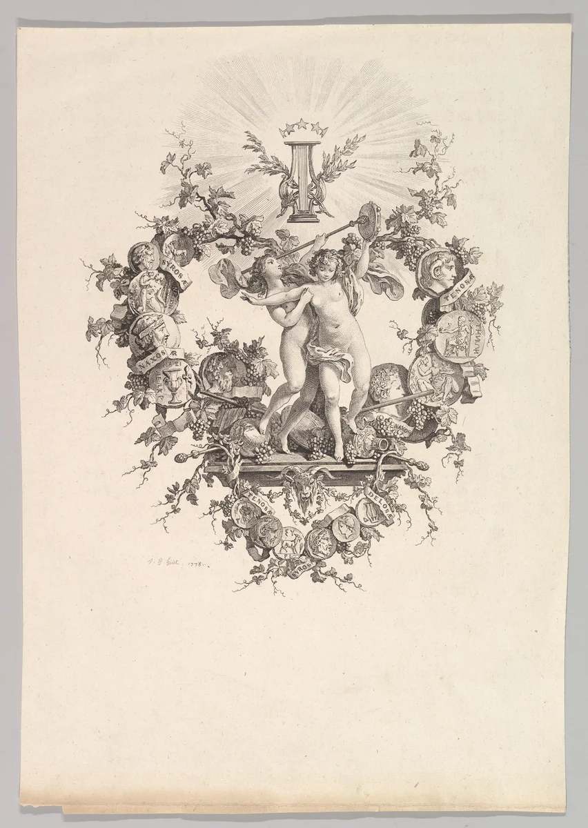 Vignette with Two Nymphs by Jean Baptiste Huet, print, 1778