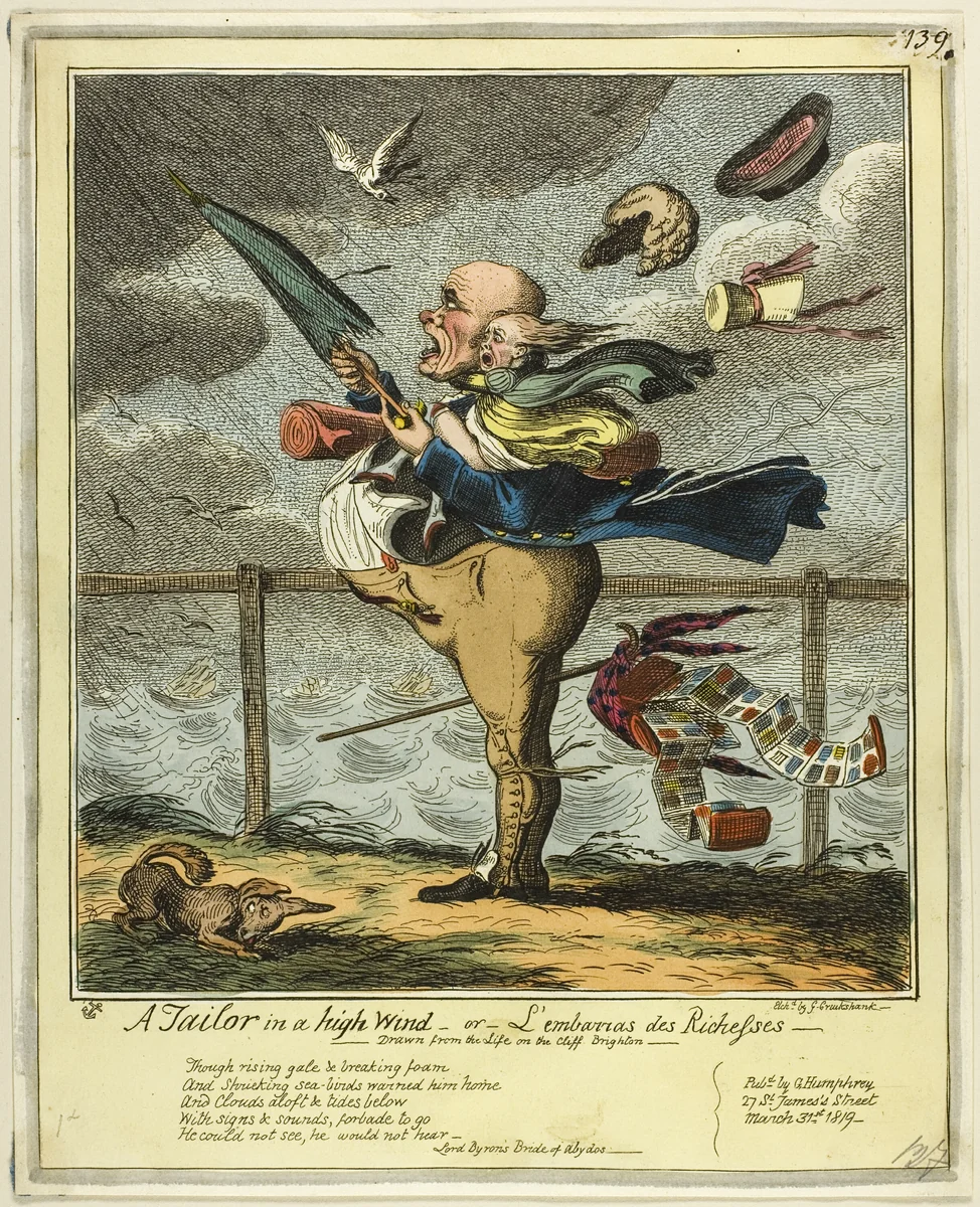 A Tailor in a High Wind by George Cruikshank, print, 1819