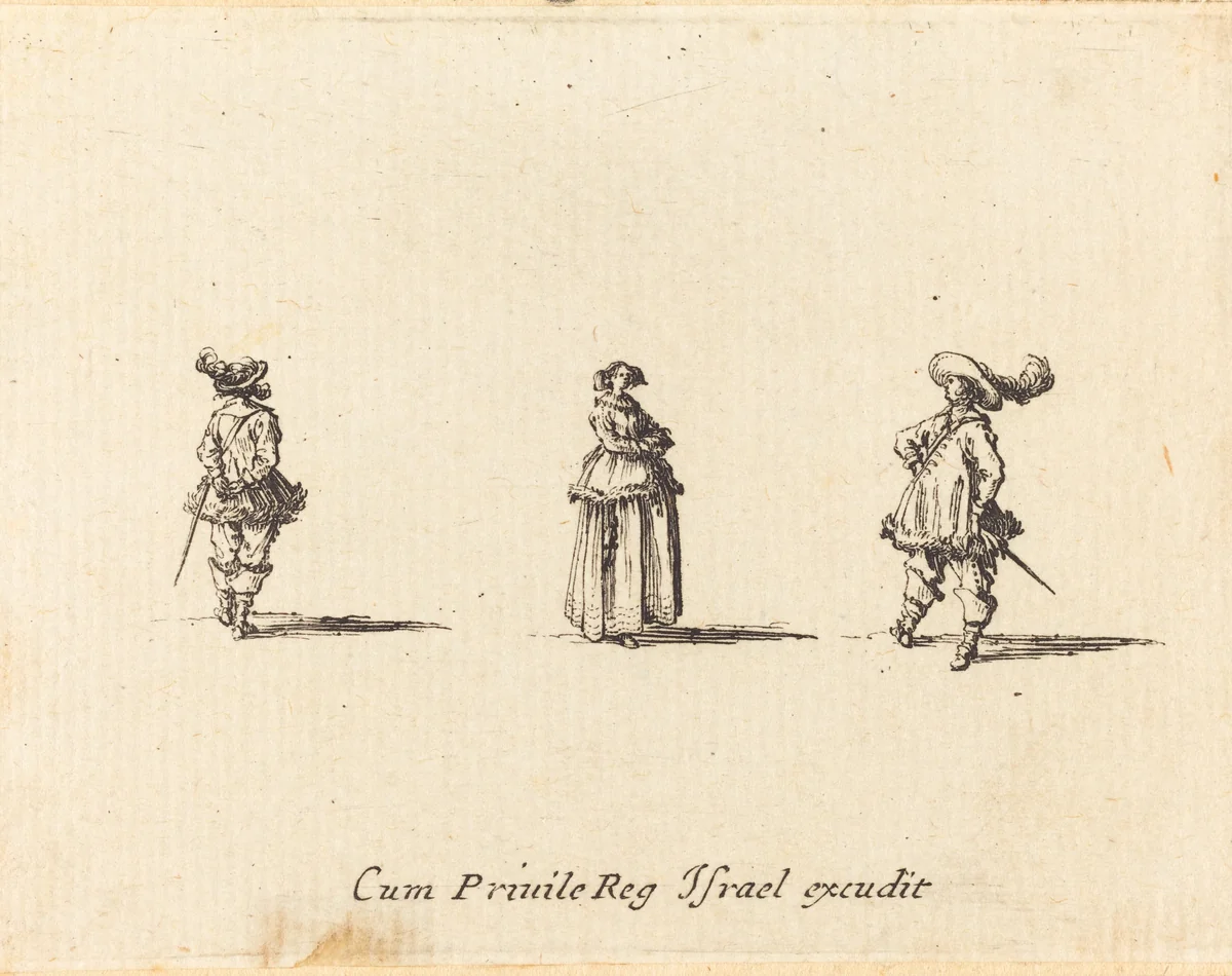 Lady with Arms Folded, and Two Gentlemen by Jacques Callot, print, 1628-1638