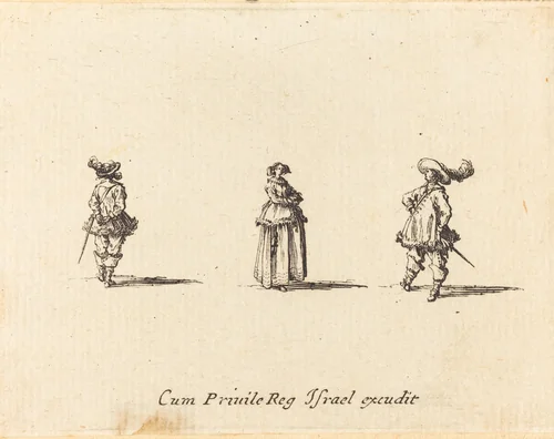 Lady with Arms Folded, and Two Gentlemen by Jacques Callot, print, 1628-1638