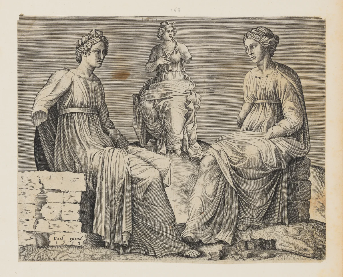 Three Seated Figures, Antique Statues from the Sassi Collection in Rome by Hieronymus Cock, print, 1554
