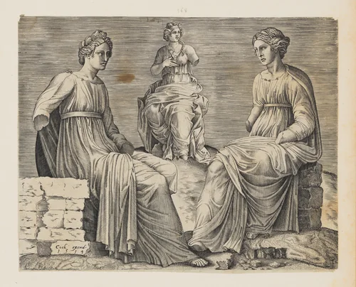 Three Seated Figures, Antique Statues from the Sassi Collection in Rome by Hieronymus Cock, print, 1554
