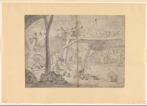 Interieur van een boerderij of schuur by anonymous, drawing, 1613-1700
