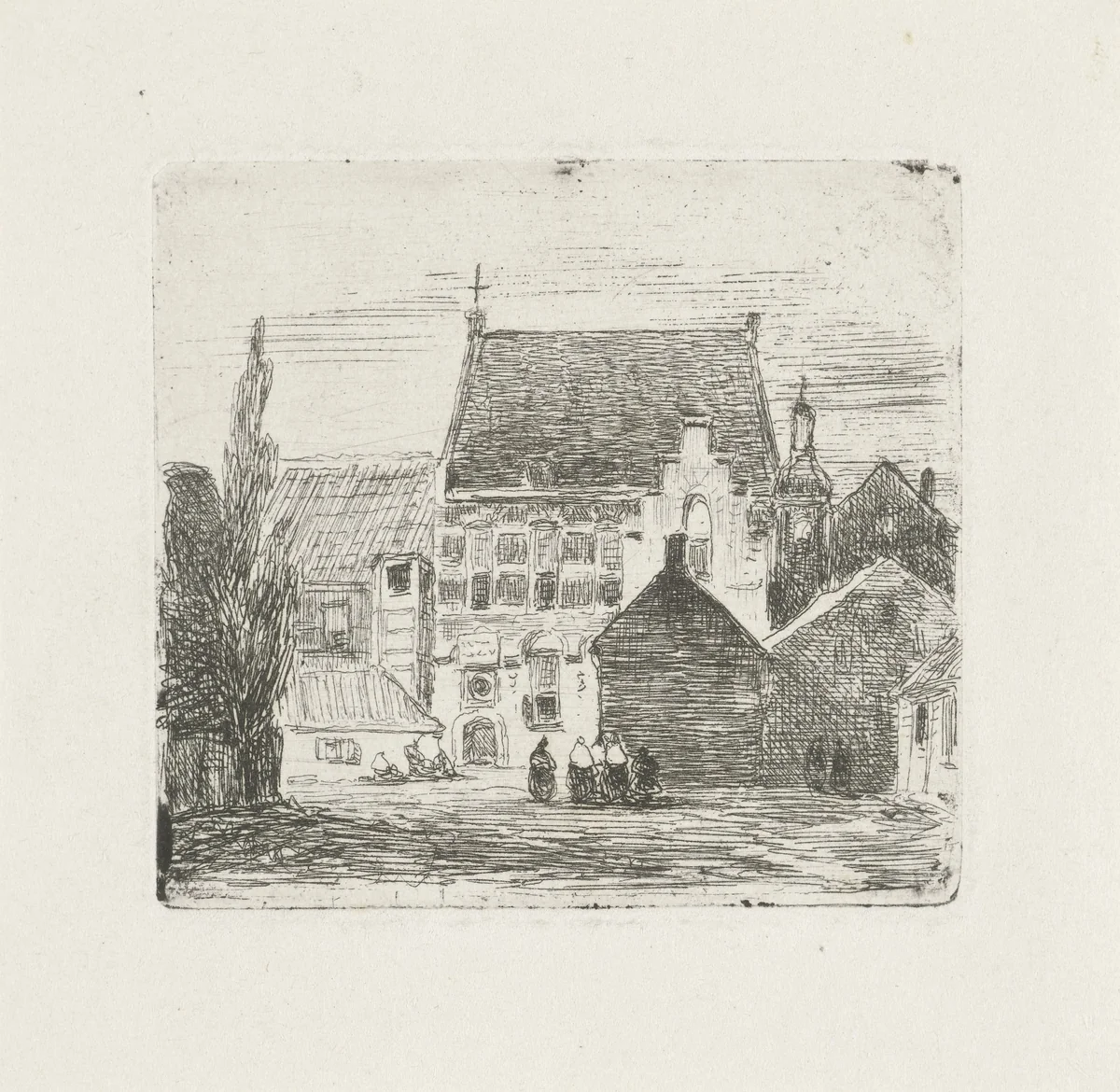 Stadsgezicht met converserende vrouwen by Lambertus Hardenberg, print, 1837-1900