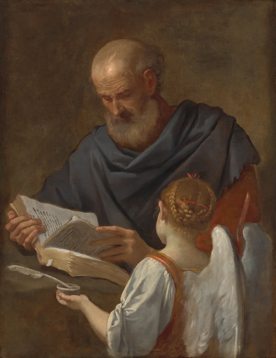 Saint Matthew and the Angel by Simone Cantarini, painting, 1645-1648