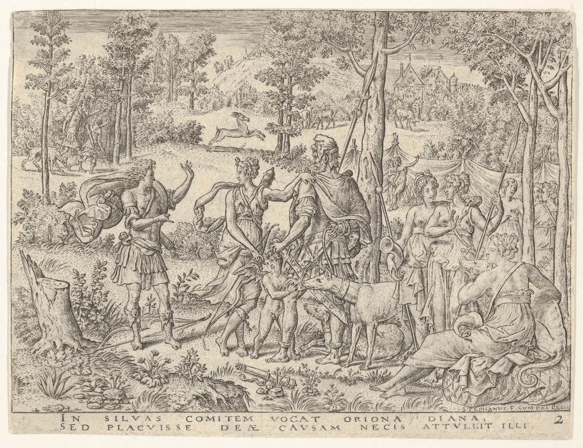 Diana accepts the huntsman Orion into her company (Diane admettant en sa compagnie le chasseur orion) by Etienne Delaune, print, 1540-1583