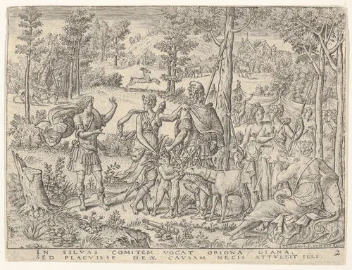 Diana accepts the huntsman Orion into her company (Diane admettant en sa compagnie le chasseur orion) by Etienne Delaune, print, 1540-1583