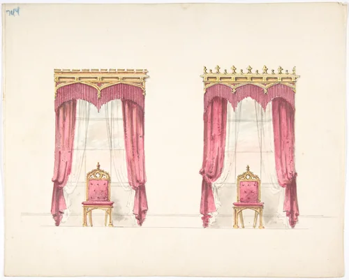 Design for Two Red Fringed Curtains with Gold Pelmets by anonymous, drawing, 1800-1850
