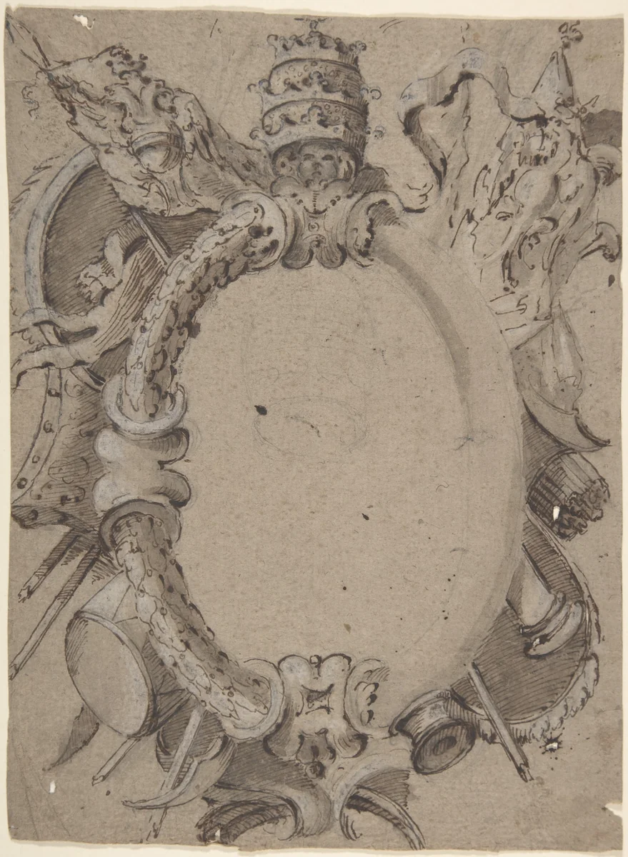 Design for Cartouche with Banners, Drums, Leaves and a Woman's Head with Tiara by Carlo Bianconi, drawing, 1732-1802