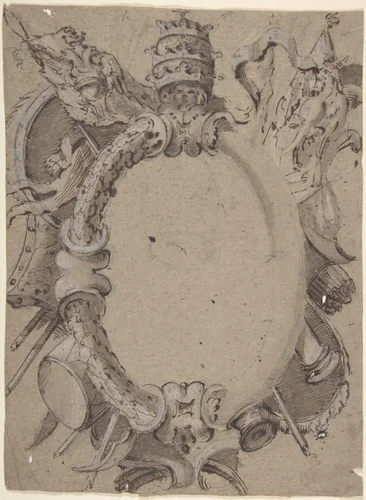 Design for Cartouche with Banners, Drums, Leaves and a Woman's Head with Tiara by Carlo Bianconi, drawing, 1732-1802