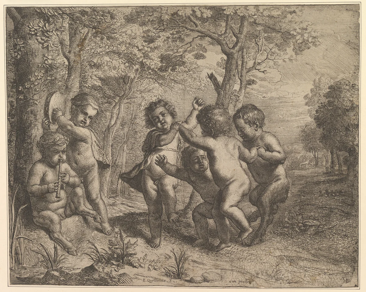 Four Dancing Children (Bacchantes) and Two Making Music by Erasmus Quellinus, print, 1640-1650